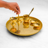 Pure Brass Pooja Thali Set of 7 | Puja Thali Set with 1 Plate, 1 Ghanti/Bell, 1 Diya, 1 Pali, 2 Wati, 1 Kalash